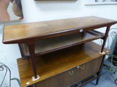 A MID CENTURY TEAK COFFEE TABLE WITH CANE UNDERTIER.