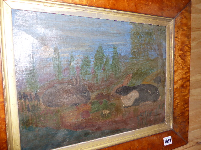 ENGLISH NAIVE SCHOOL. TWO RABBITS IN A LANDSCAPE, OIL ON CANVAS IN BIRD'S EYE MAPLE FRAME. 29 x - Image 2 of 4