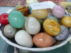 A COLLECTION OF ANTIQUE AND OTHER MARBLE EGGS TOGETHER WITH A HARDSTONE RULE, GLASSWARE,ETC.