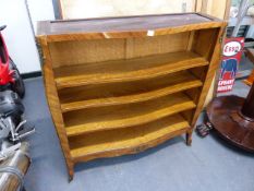 A FRENCH LOUIS XV STYLE PARQUETRY INLAID ORMOLU MOUNTED MARBLE TOP BOOKCASE WITH THREE ADJUSTABLE