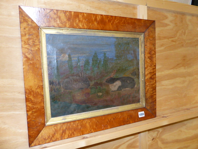 ENGLISH NAIVE SCHOOL. TWO RABBITS IN A LANDSCAPE, OIL ON CANVAS IN BIRD'S EYE MAPLE FRAME. 29 x