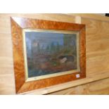 ENGLISH NAIVE SCHOOL. TWO RABBITS IN A LANDSCAPE, OIL ON CANVAS IN BIRD'S EYE MAPLE FRAME. 29 x