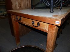 A LARGE ANTIQUE COUNTRY PINE SCULLERY TABLE WITH END DRAWERS AND SQUARE TAPERED LEGS. THE TOP 90 x