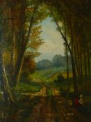 19th.C.ENGLISH SCHOOL. PEASANT ON A WOODLAND PATH, INDISTINCTLY SIGNED F.BING**, OIL ON CANVAS