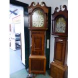 A VICTORIAN OAK AND MAHOGANY CASED 8-DAY LONG CASE CLOCK WITH 14.5" PAINTED ARCH TOP DIAL, SIGNED