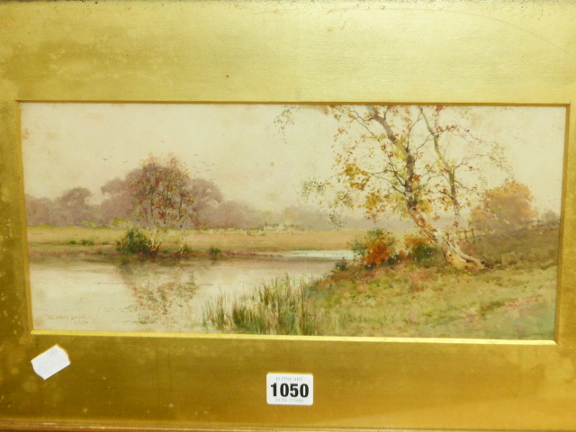 CRESWICK BOYDELL (FL1889-1916) AUTUMN RIVERSCAPE WITH SILVER BIRCH, SIGNED WATERCOLOUR. 15.5 x 34.