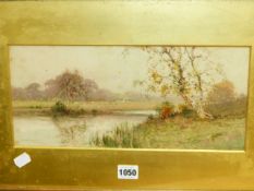 CRESWICK BOYDELL (FL1889-1916) AUTUMN RIVERSCAPE WITH SILVER BIRCH, SIGNED WATERCOLOUR. 15.5 x 34.