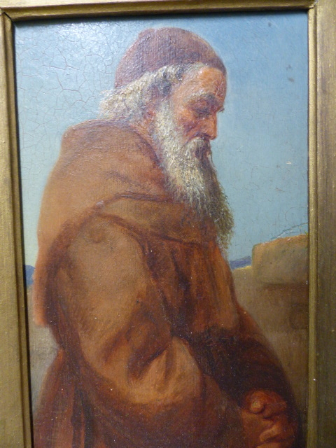 CONTINENTAL SCHOOL (LATE 19th/EARLY 20th.C.) CONTEMPLATIVE MONK, OIL ON BOARD. 20 x 12.5cms. - Image 2 of 3