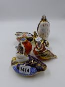 ROYAL CROWN DERBY PAPERWEIGHTS. DUCK, PENGUIN, CHAFFINCH, BLUE TIT, IMARI QUAIL AND ROBIN. (6)