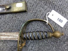 AN 18th.C.SLOTTED HILT OFFICER'S HANGER, DOUBLE FULLERED CURVED BLADE, SLOTTED BRASS HILT WITH