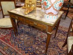 A FRENCH LOUIS XVI STYLE ORMOLU MOUNTED MARBLE TOP TWO DRAWER SIDE TABLE ON STRAIGHT TAPERED LEGS.