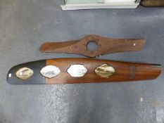 A CARVED ROYAL FLYING CORPS PROPELLOR AND ONE PART PROPELLOR.