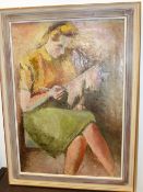 ALFRED LOMNITZ (1892-1953) (ARR) GIRL KNITTING, OIL ON CANVAS. 74 x 51cms.
