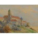 19th/20th/C.ENGLISH SCHOOL. CONTINENTAL TOWN ON A HILL, WATERCOLOUR. 13.5 x 23.5cms TOGETHER WITH