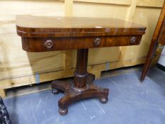 A Wm. IV. ROSEWOOD FOLD OVER CARD TABLE ON TURNED COLUMN AND PLATFORM BASE. W.91 x H.73cms.