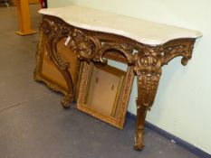 A 19th.C. FRENCH LOUIS XV STYLE GILT MARBLE TOP CONSOLE TABLE OF SERPENTINE FORM. H.87cms. W.