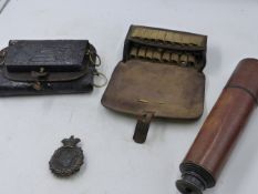 THREE VARIOUS MILITARY POUCHES, A VICTORIAN PART SHOULDER BELT PLATE AND A TELESCOPE BY STEWARD.