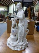 A LATE 19th.C. BELLEEK FIGURINE DEPICTING A CLASSICAL MUSE ENTITLED BELLEEK POTTERY. H.44cms.