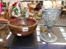 A METAL MOUNTED DEEP TREEN BOWL TOGETHER WITH OTHER METALWARE TO INCLUDE VARIOUS LARGE KEYS.