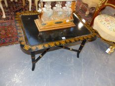 A REGENCY STYLE EBONISED AND GILT DECORATED TRAY TOP LOW TABLE. 80 x 60 x H.46cms.