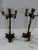 A PAIR OF PATINATED AND GILT BRONZE 19th.C. GREEK REVIVAL STYLE SIX LIGHT CANDELABRAS ON SHAPED