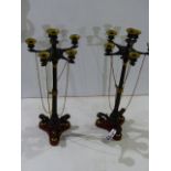 A PAIR OF PATINATED AND GILT BRONZE 19th.C. GREEK REVIVAL STYLE SIX LIGHT CANDELABRAS ON SHAPED