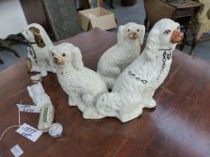 A COLLECTIVE LOT OF VARIOUS STAFFORDSHIRE DOGS, FRENCH DRESSER BOXES, A BRASS COAL BOX,BELLOWS,ETC.