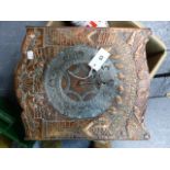 AN INTERESTING ARTS AND CRAFTS EMBOSSED COPPER FRONTED WALL CLOCK WITH PEWTER CHAPTER RING AND