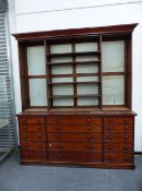 A LARGE MID VICTORIAN MAHOGANY LIBRARY BOOKCASE WITH OPEN SHELVES OVER TEN SHORT AND FIVE LONG