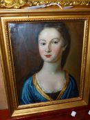 OLD MASTER SCHOOL BUST LENGTH PORTRAIT OF A LADY IN BLUE DRESS, OIL ON PANEL. 33 x 26.5cms.