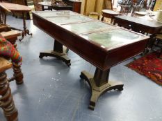 A RARE MID VICTORIAN MAHOGANY JEWELLER'S OR MUSEUM DISPLAY TABLE WITH FOUR RISING TOPS, PULL OUT