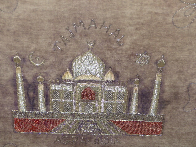 AN INDIAN PANEL EMBROIDERED WITH THE TAJMAHAL IN METALLIC THREAD. 70.5 x 64.5cms TOGETHER WITH A - Image 2 of 6