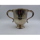 A LARGE GEORGE III ENGRAVED LOVING CUP DATED DATED 1734 LONDON, APPROXIMATE HEIGHT 14.5cms,