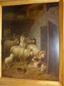 ADOLF NOWEY (B.1835) SHEEP AND DOG IN A STABLE, SIGNED OIL ON PANEL. 41 x 33cms.