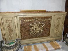 A CARVED AND PAINTED FRENCH LOUIS XVI STYLE CABINET/RADIATOR COVER WITH CENTRAL CANED PANEL. INSET