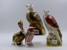 ROYAL CROWN DERBY PAPERWEIGHTS. BALD EAGLE, KESTREL, BROWN PELICAN AND KING FISHER. (4)