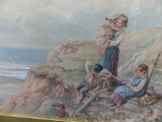 MANNER OF MYLES BIRKET FOSTER. THE TOP OF THE CLIFF, BEARS MONOGRAM WATERCOLOUR. 19.5 x 49cms.