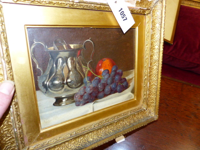 CIRCLE OF EDWARD LADELL. STILL LIFE OF SILVER SUGAR BOWL, GRAPES AND APPLE OIL ON BOARD. 16.5 x 21. - Image 3 of 4