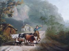 19th.C.ENGLISH SCHOOL. FARMER AND CATTLE ON A COUNTRY TRACK, OIL ON CANVAS. 30 x 36cms.