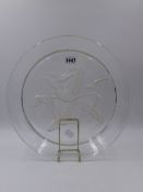 AN ART DECO GLASS SHALLOW BOWL DECORATED WITH FLYING BIRDS. Dia.32cms.