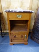 A PAIR OF GERMAN OAK ART DECO BEDSIDE CABINETS WITH MARBLE TOPS. EACH W.48 x H.81cms.