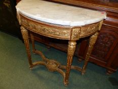 A PAIR OF ANTIQUE FRENCH CARVED GILTWOOD LOUIS XVI STYLE DEMI LUNE PIER TABLES WITH MARBLE TOPS,