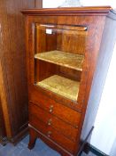 AN ANTIQUE BURR WALNUT GLAZED CABINET WITH THREE DRAWERS ON TALL BRACKETED LEGS. W.52 x H.123cms.