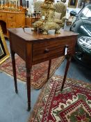 A LATE GEORGIAN MAHOGANY SINGLE DRAWER SIDE TABLE ON TURNED LEGS WITH BRASS CASTERS IN THE MANNER OF