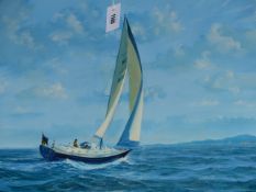 JOHN HOWARD WRIGHT. YACHT HEADING FOR SHORE, SIGNED OIL ON CANVAS. 50.5 x 76cms. UNFRAMED.