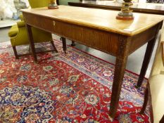 A 19th.C.MAHOGANY SIDE TABLE WITH LARGE BLIND FRIEZE DRAWER ON CARVED SQUARE LEGS WITH BRASS