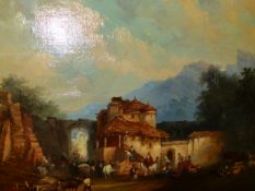 19th.C.CONTINENTAL SCHOOL. PEASANTS OUTSIDE A WALLED TOWN IN THE MOUNTAINS, OIL ON PANEL. 32 x