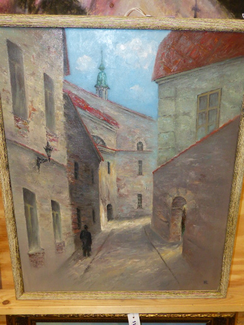 RUSSIAN SCHOOL (20th.C.) SUNLIT STREET SIGNED WITH INITIALS, OIL ON CANVAS. 75.5 x 60cms.