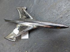 A VINTAGE CAR BONNET MASCOT OF A STYLISED CHROME AIRCRAFT.