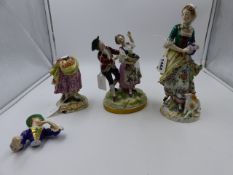 A CONTINENTAL FIGURINE OF A YOUNG LADY PLAYING A TAMBOURINE. H.24cms. A GERMAN FIGURE GROUP